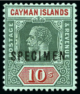 Stamp of Cayman Islands 1912-20 10s Deep Green & red on green (white back) mint nh with "SPECIMEN" overprint showing "broken M" variety