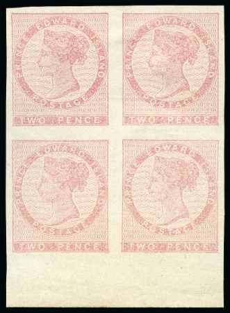 Stamp of Canada » Prince Edward Island 1862-69 2d Imperforate plate proof in pale rose on thin wove paper in lower marginal block of 4