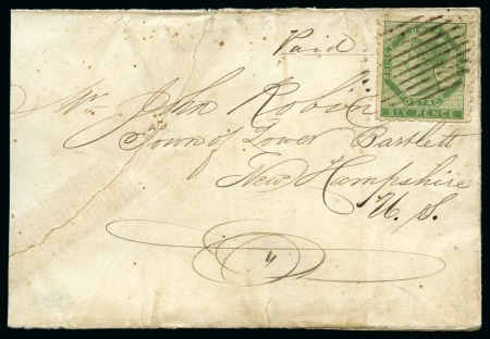 Stamp of Canada » Prince Edward Island 1861 (Jul 27) Envelope from Charlottetown to New Hampshire, USA, franked by 1861 6d yellow-green perf.9