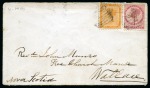 Stamp of Canada » Prince Edward Island 1869 Envelope from Charlottetown to Nova Scotia, franked at 3d provincial rate by 1862-69 1d yellow-orange compound perf.11 (at right) and 11.5-12 and 2d rose perf.11.5-12