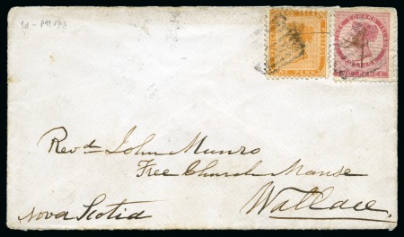 Stamp of Canada » Prince Edward Island 1869 Envelope from Charlottetown to Nova Scotia, franked at 3d provincial rate by 1862-69 1d yellow-orange compound perf.11 (at right) and 11.5-12 and 2d rose perf.11.5-12