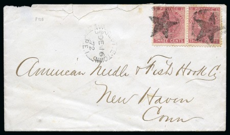 Stamp of Canada » Prince Edward Island 1872 (Dec 16) Envelope from Charlottetown to the USA with 1872 3c rose perf.12.5-13 horizontal pair tied by two strikes of the star obliterator