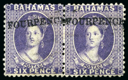 Stamp of Bahamas 1883 FOURPENCE on 6d deep violet type 4 surcharge mint large part og horizontal pair