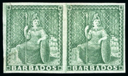 Stamp of Barbados 1861-70 No Wmk (1/2d) blue-green (worn plate) unused imperforate horizontal pair