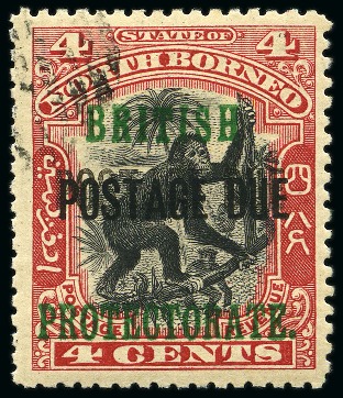 Stamp of North Borneo Postage Dues: 1902-12 BRITISH PROTECTORATE 4c black and carmine type D1 ovpt with DOUBLE OVERPRINT variety