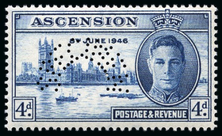 Stamp of Ascension 1946 Victory 2d and 4d with perfin SPECIMEN (type D21)