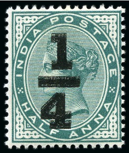 Stamp of India » 1855-1946 De La Rue and later Crown Colony Issues 1898 1/4 on 1/2a Blue-Green mint large part og with DOUBLE SURCHARGE