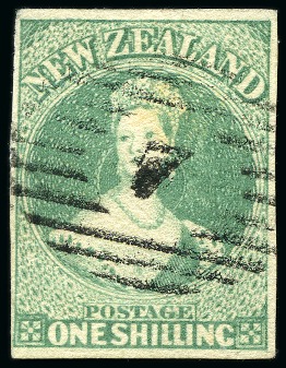 Stamp of New Zealand 1857-63 1s Dull Emerald-Green on soft white paper, fineto large margins, neatly cancelled by central "7" numeral of Wellington