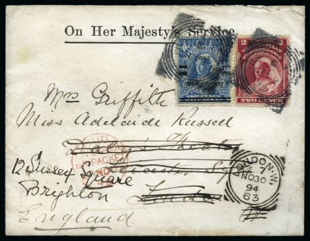 Stamp of Nigerias » Niger Coast Protectorate 1894 (Oct 29) OHMS envelope to the UK with scarce use of 1894 (10 Aug) 1/2d on 2 1/2d blue provisional type 17 surcharge