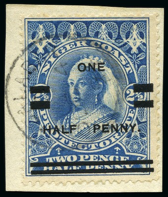 Stamp of Nigerias » Niger Coast Protectorate 1894 (Aug 10) 1/2d on 2 1/2d blue type 17 provisional surcharge (position 2 of the setting) tied to small piece