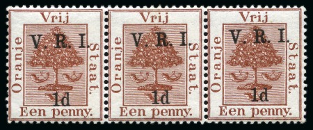 Stamp of South Africa » Orange Free State 1900 (Mar) 1d on 1d brown type 31 surcharge (level stops) ERROR OF COLOUR in mint horizontal strip of 3