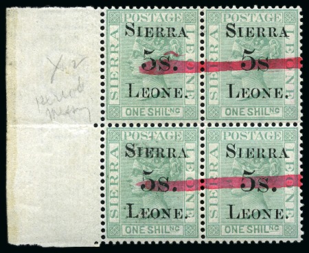 Stamp of Sierra Leone 1884 SIERRA 5s. LEONE surcharge on 1s green with horizontal red brush stroke from the remainder stock in mint large part og left marginal block of 4