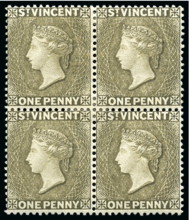 Stamp of St. Vincent 1882-83 Wmk CA 1d drab perf.14 with wmk reversed variety in mint large part og block of 4