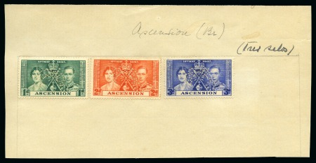 Stamp of Ascension 1937 Coronation set of 3 with SPECIMEN perfin (type D20) affixed to ledger piece