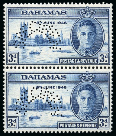 Stamp of Bahamas 1946 Victory set of 2 with SPECIMEN perfin (type D21) in mint nh vertical pairs