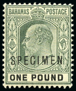 Stamp of Bahamas 1902-10 £1 Green & Black with "SPECIMEN" overprint showing the constant variety "broken M"