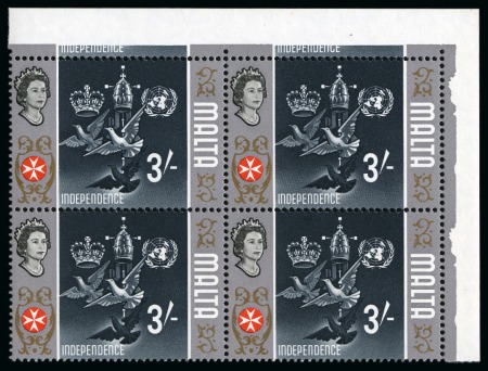 Stamp of Malta 1965-70 3s with GOLD ("1964") OMITTED in mint nh upper right corner block of 4