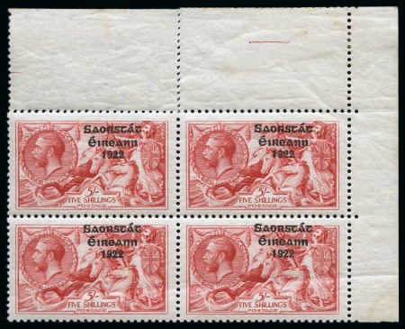 Stamp of Ireland » 1925 Narrow Date Overprints (T66-T68) 1925-28 5s Rose-Carmine narrow date ovpt in mint upper right corner block of showing significant misplacement of overprint