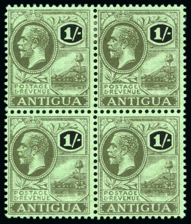 Stamp of Antigua & Barbuda 1921-29 Wmk Multi CA 1s black on emerald with WATERMARK INVERTED AND REVERSED variety in mint block of 4