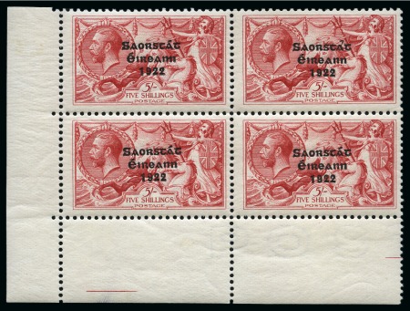 Stamp of Ireland » 1927-28 Wide Date Overprints (T72-T74) 1925-28 5s Rose-Red wide date ovpt in mint nh lower left corner block of four showing "circumflex accent over a" variety