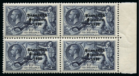 Stamp of Ireland » 1935 Re-Engraved Overprints (T75-T77) 1935 Re-Engraved 10s indigo mint nh right marginal block of four, one showing flat-tailed "9" variety