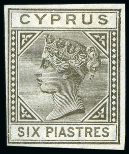 Stamp of Cyprus » Queen Victoria Keyplate Issues 1881 Wmk CC 6pi olive-grey IMPERFORATE IMPRIMATUR, no gum