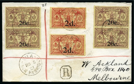 Stamp of New Hebrides 1921 (Nov 3) "Ackland" cover from Vila to Melbourne franked by two 1920-21 2d on 40c red on yellow WMK RF