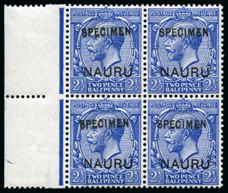Stamp of Nauru 1916-23 1/2d yellow-green, 1d bright scarlet and 2 1/2d blue with SPECIMEN overprints type GB26, in mint nh marginal blocks of four