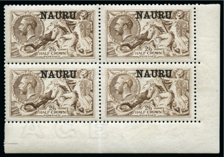 Stamp of Nauru 1916-23 De La Rue Seahorses 2s6d sepia-brown, pale shade from worn plate, in mint lower right corner block of four