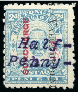 Stamp of Tonga 1896 (May) Half Penny on 1 1/2d on 2d pale blue, perf.12x11, showing typing error "Pebny" corrected, mint 