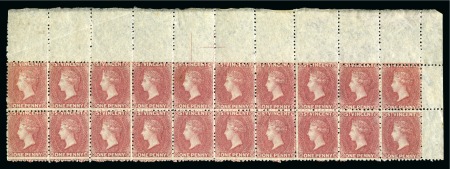 Stamp of St. Vincent 1862-68 No Wmk 1d rose-red perf.11 to 12.5 in mint block of twenty from top of the sheet