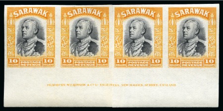 Stamp of Sarawak 1934 Original set of 20 to $10 (ie. excluding the 1941 issues) in matching lower marginal imprint  IMPERFORATE HORIZONTAL STRIPS OF FOUR