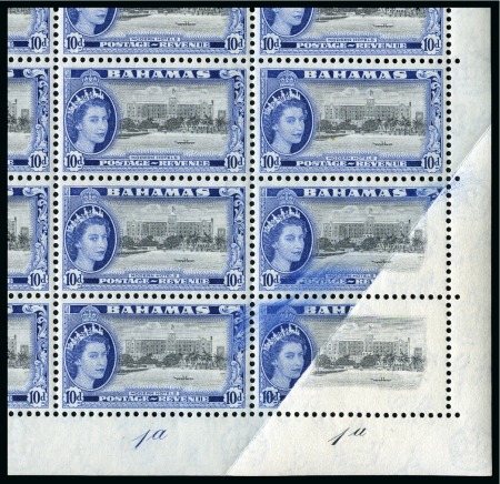 Stamp of Bahamas 1954-63 10d Black & ultramarine complete sheet of 60 showing PARTIALLY MISSING BLUE in corner