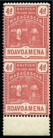 Stamp of Madagascar (British Post) 1895 (Mar) 4d Rose mint og vertical pair from foot of sheet showing error IMPERFORATE BETWEEN