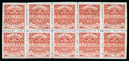 Stamp of Samoa 1877-80 EXPRESS 3d carmine-vermilion, 3rd state, perf.12, mint complete sheetlet of 10