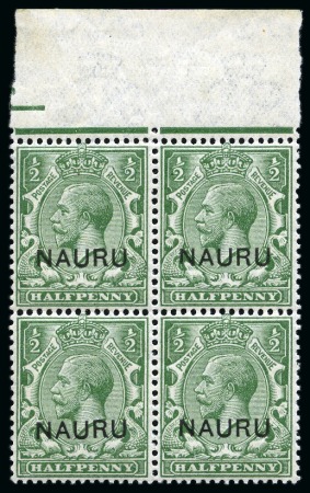 Stamp of Nauru 1916-23 1/2d Yellow-Green mint nh upper marginal block of four showing varieties and overprint double, one albino