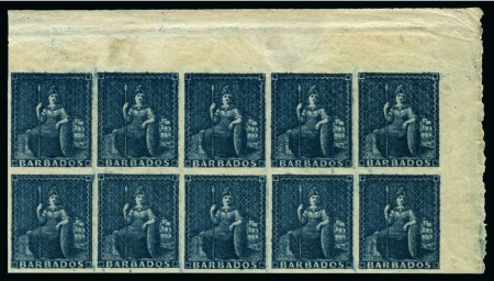 Stamp of Barbados 1852-55 (No value) slate-blue on blued paper, prepared for use but not issued, in mint nh upper right corner block of 10