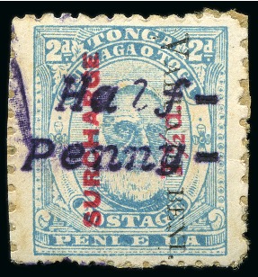 Stamp of Tonga 1896 (May) Half Penny on 7 1/2d on 2d pale blue perf.12x11, mint small part og, showing rather dramatic flying typewriter ribbon flaw at left