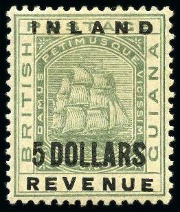 Stamp of British Guiana 1888-89 INLAND REVENUE $5 green mint large part og