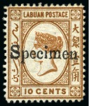 Stamp of Labuan 1880-82 Wmk CC 6c Orange-Brown and 10c Brown with local "Specimen" handstamps