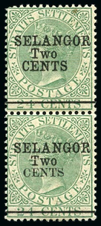 Stamp of Malaysia » Malaysian States » Selangor 1891 2c on 24c Green mint vertical pair from rows 9-10 of the setting showing type 38 (upper stamp) and 39 se-tenant