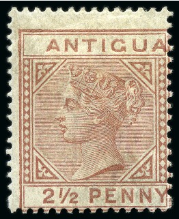 Stamp of Antigua & Barbuda 1882 Wmk CA 2 1/2d red-brown mint large part og showing duty plate severely misplaced to right (R1/1) and misperfed