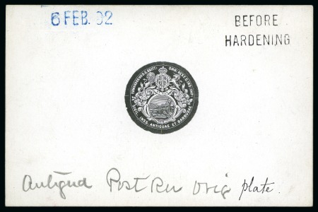 Stamp of Antigua & Barbuda 1902 Die proof of the central vignette (used for 1903-07 1/2 d to 2) in black on glazed card with uncleared surround