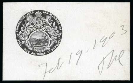 Stamp of Antigua & Barbuda 1903 Die proof of the central vignette (used for 1903-07 1/2d to 2s) in black on glazed card