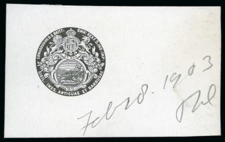 Stamp of Antigua & Barbuda 1903 Die proof of the central vignette (used for 1903-07 1/2d to 2s) in black on glazed card