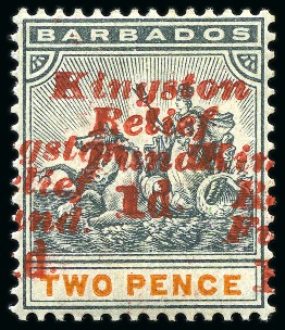 Stamp of Barbados 1907 Kingston Relief 1d on 2d slate-black and orange mint with type 10 SURCHARGE DOUBLE variety