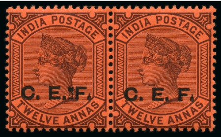 Stamp of India » China Expeditionary Force  1900 C.E.F. 12a purple on red mint nh horizontal pair with very clear double opt one albino 