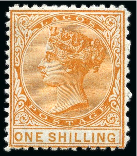 Stamp of Nigerias » Lagos 1874-75 Wmk CC 1s Orange (value 16.5mm long) perf.12 1/2 mint large part og