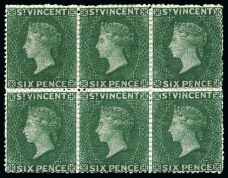 Stamp of St. Vincent 1862 No Wmk 6d deep green rough perf 14 to 16 mint block of six