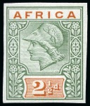 Stamp of British Empire General Collections and Lots » British Empire Essays 1902ca. De La Rue "Minerva head" imperforate printers samples with "AFRICA / 2 1/2d" duty plate set of eight mint nh